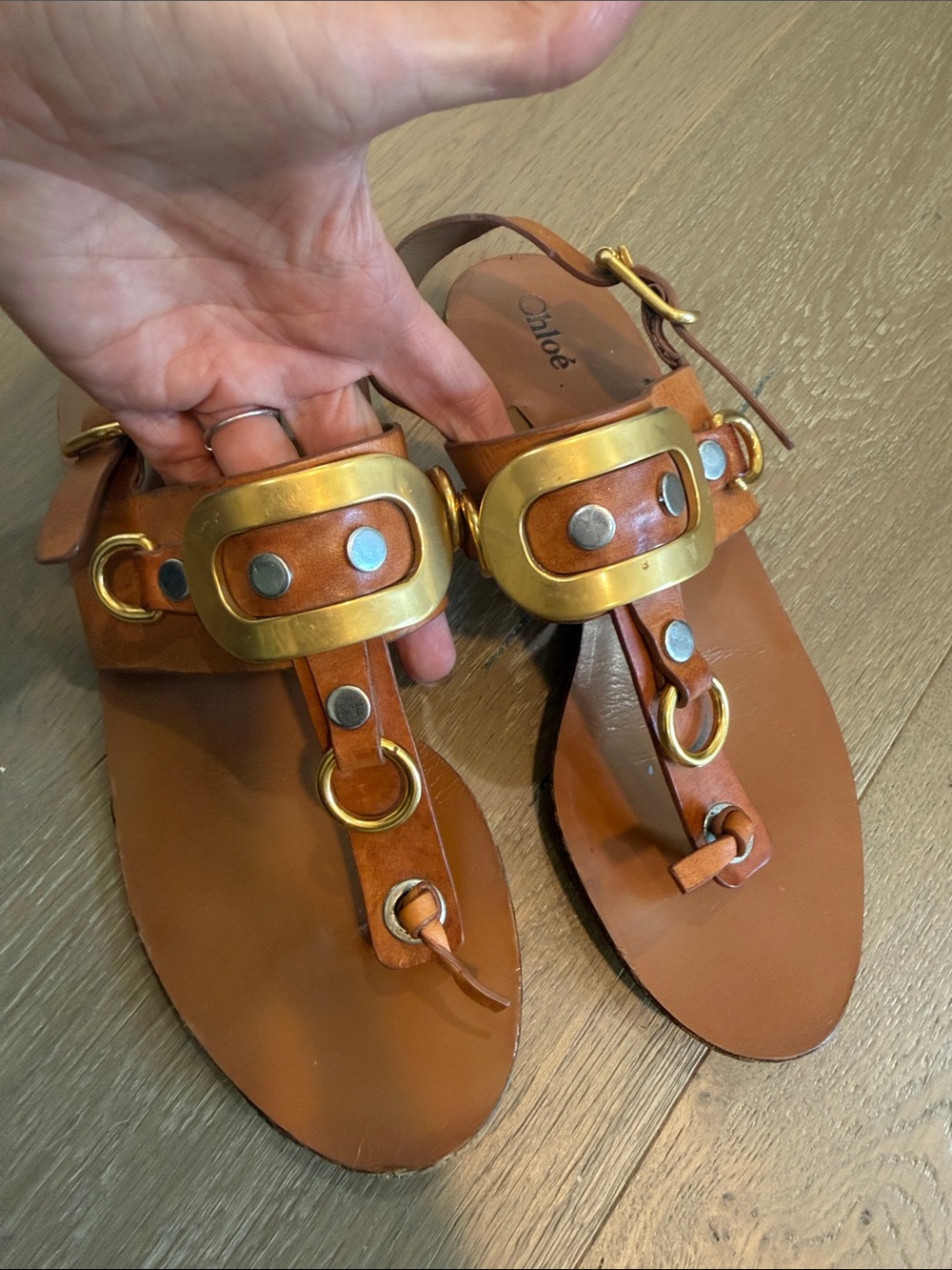 Chloe Tan Leather T-Strap Gladiator Sandals with Gold & Silver Hardware